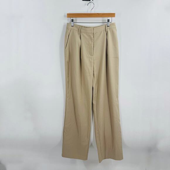NA-KD Women’s Size 38 Wide Leg High Rise Pleated Trousers Beige Khaki Pants - Picture 9 of 9